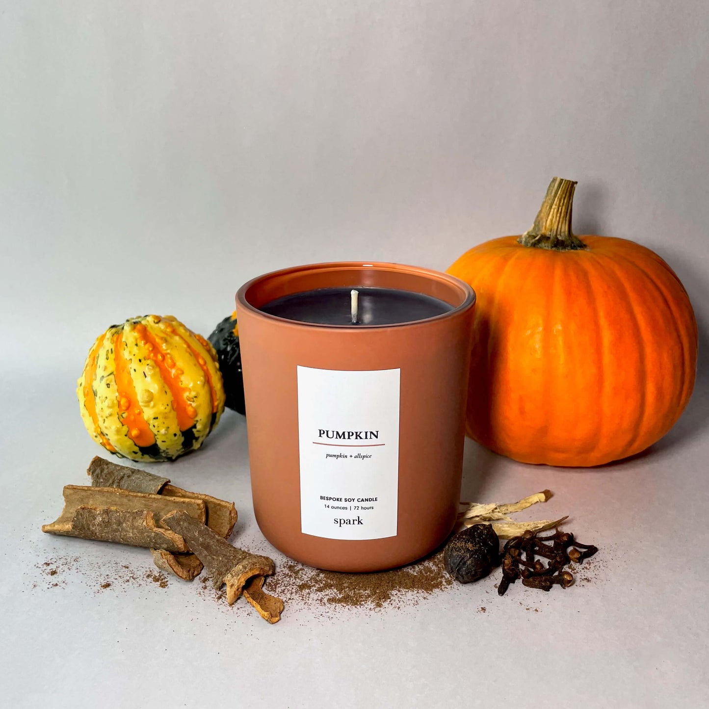 Pumpkin Scented Aromatherapy Candle from Spark Candles with Ripe Pumpkin, Cinnamon, Clove, Nutmeg and Black Pepper Notes, Like a Pumpkin Spice Latte. Hand Poured in Toronto