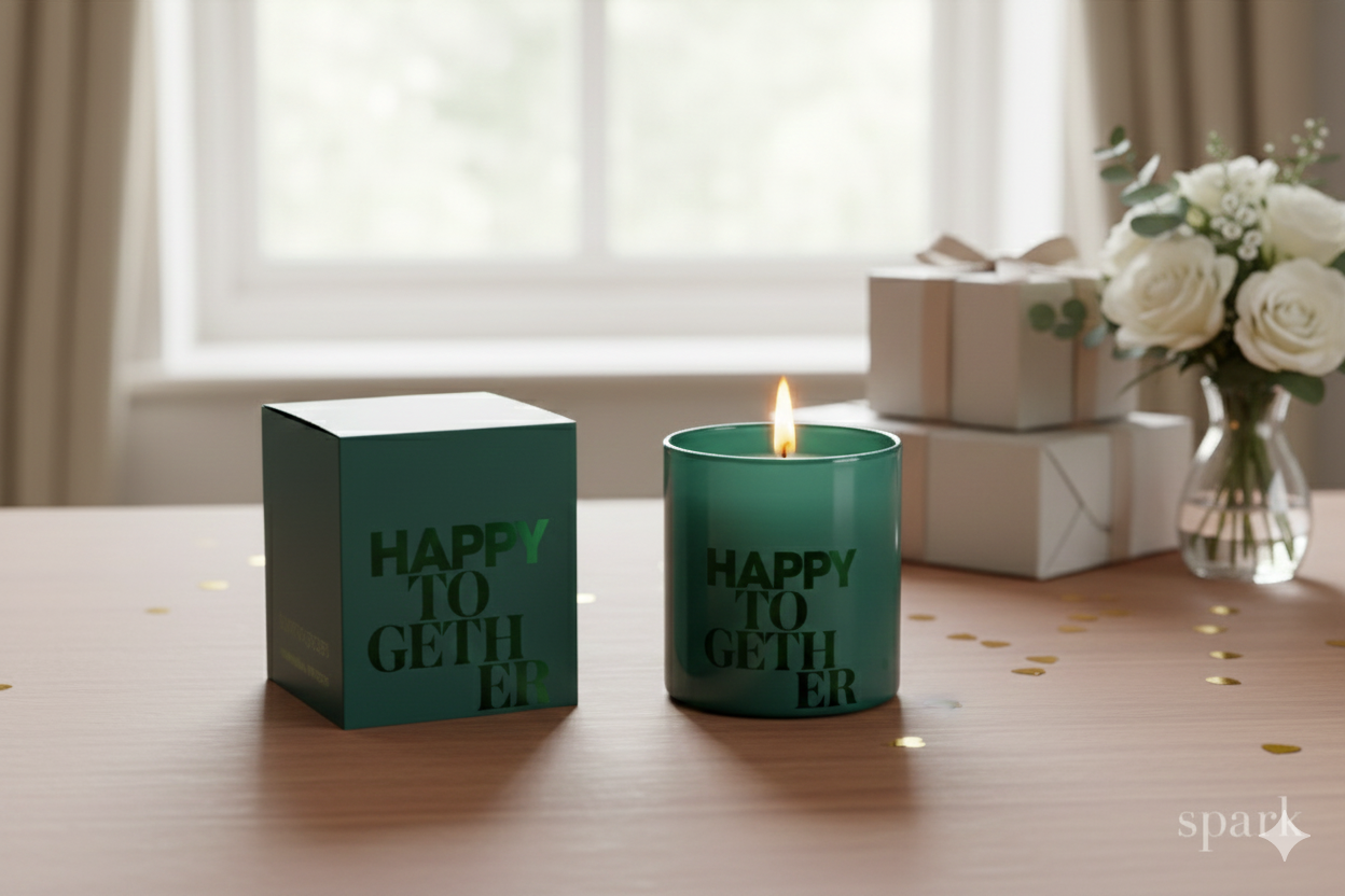 Custom Candle with Holiday Branding in Custom Color Green with Logo & Design Imprint