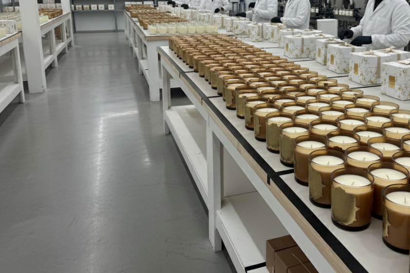 Private label candles in production at a candle factory