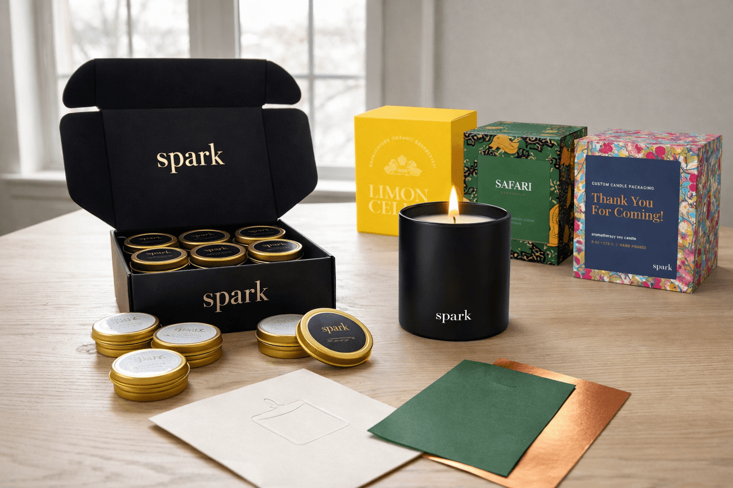 Spark sample kit with scent samples, candle samples and packaging samples