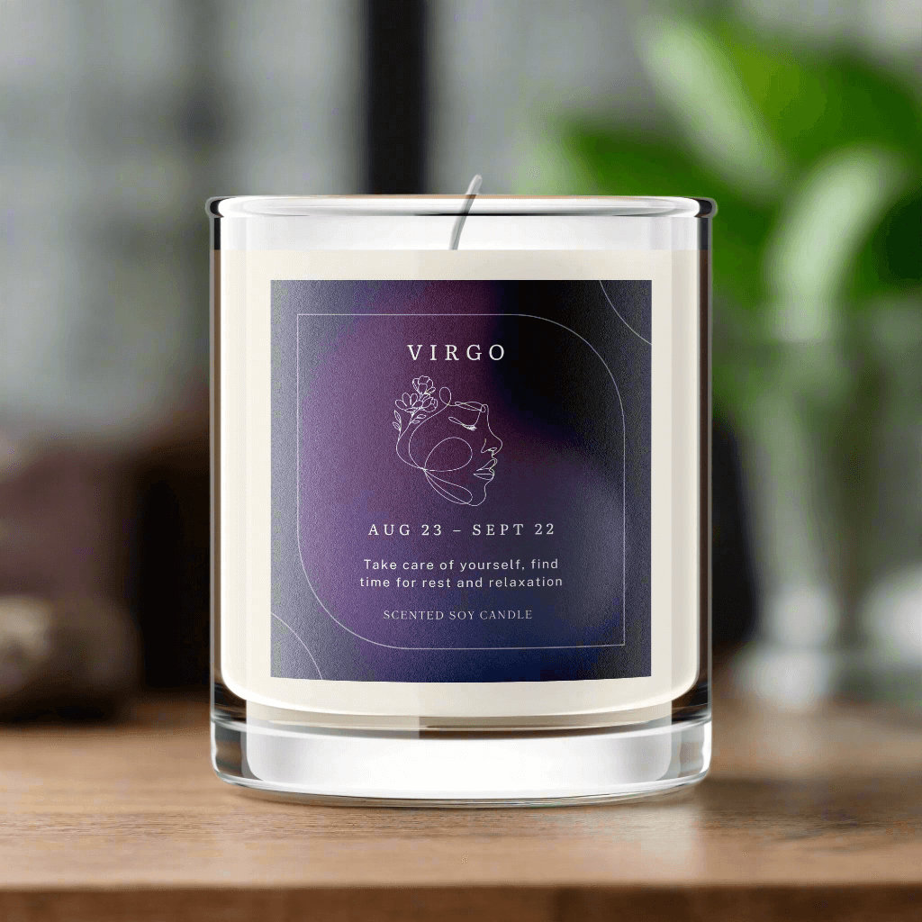 Private label 10oz custom clear glass candle with full-color printed label.