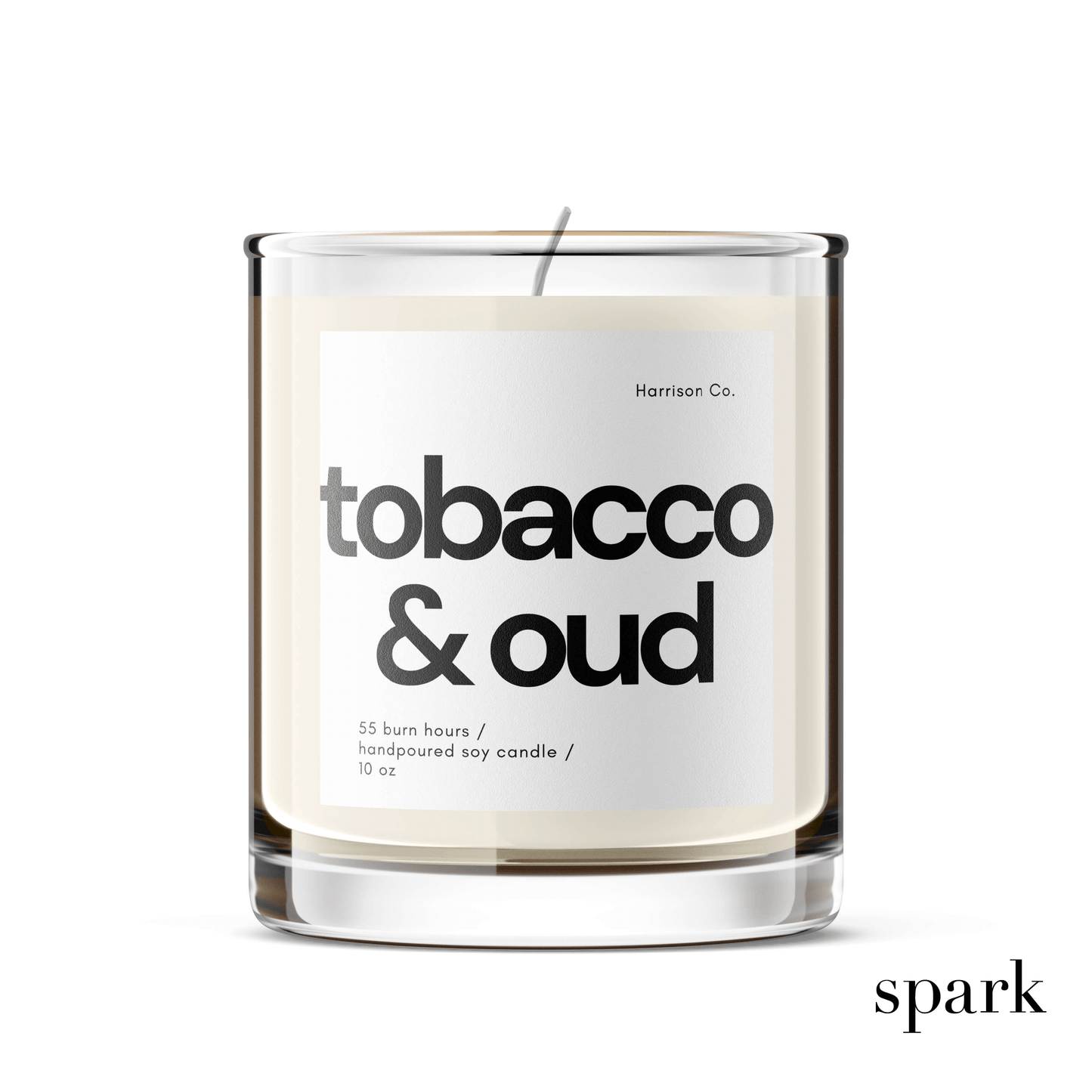 Front view of 10oz clear glass candle featuring a custom minimalist label