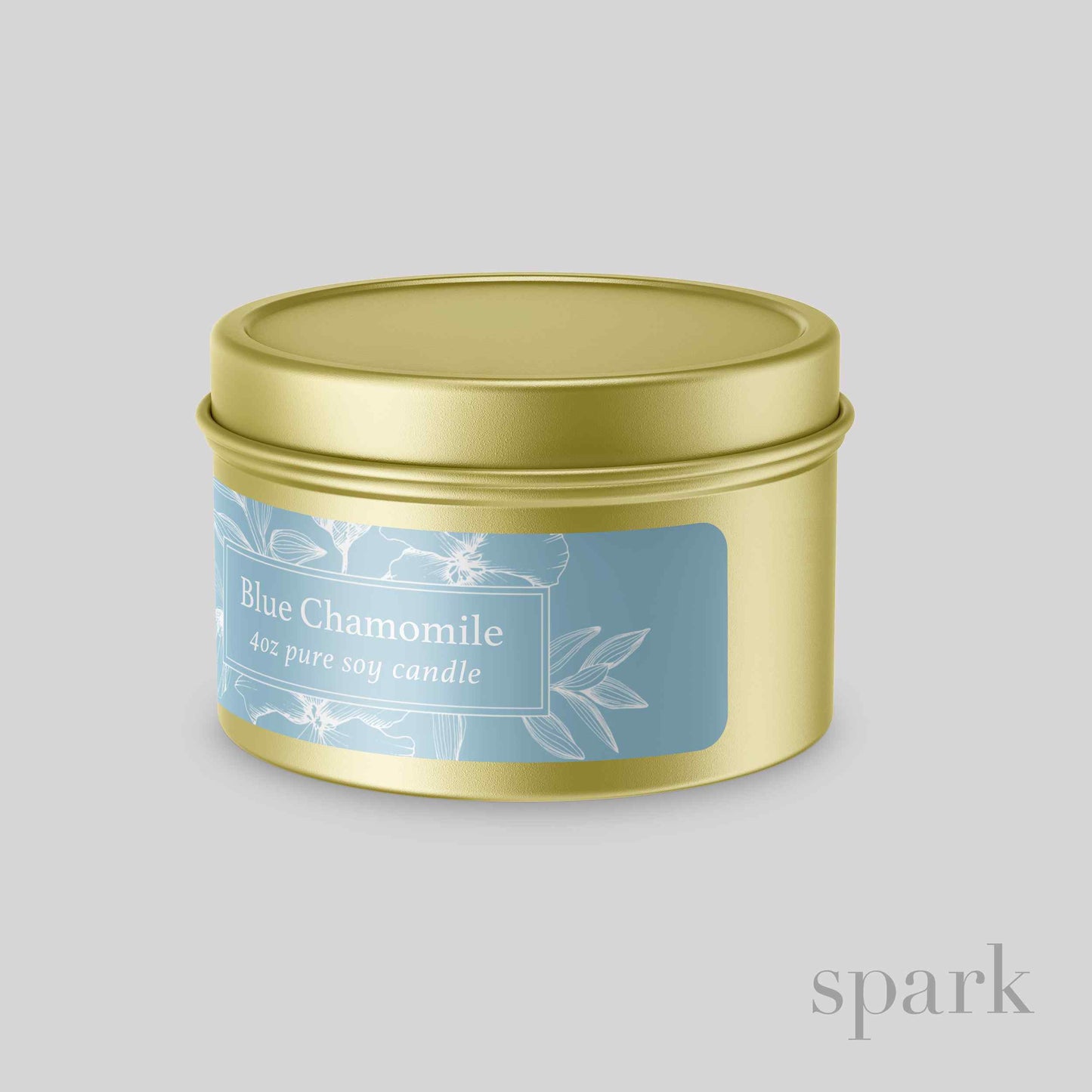 4oz gold tin candle featuring a full wrap-around custom label.
