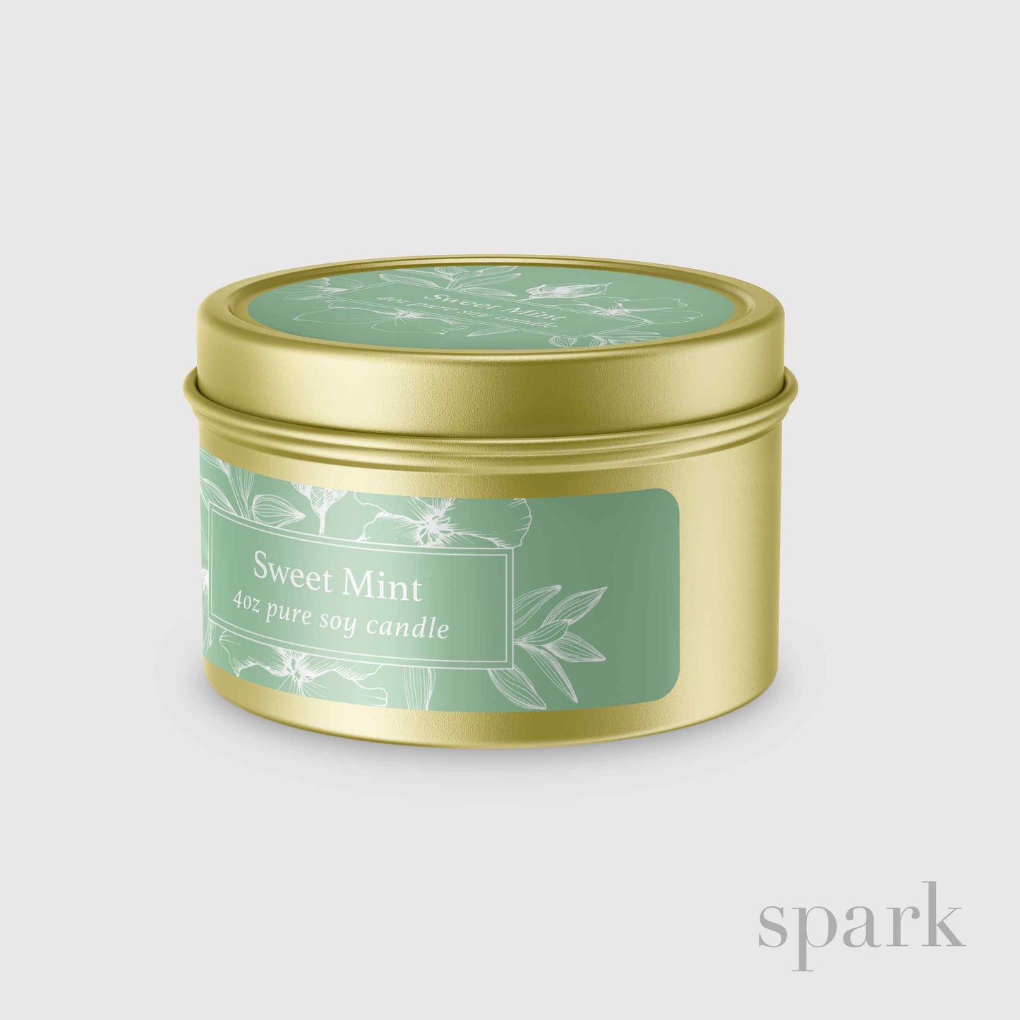4oz custom gold tin candle with full-color label for corporate gifting and branded promotions.