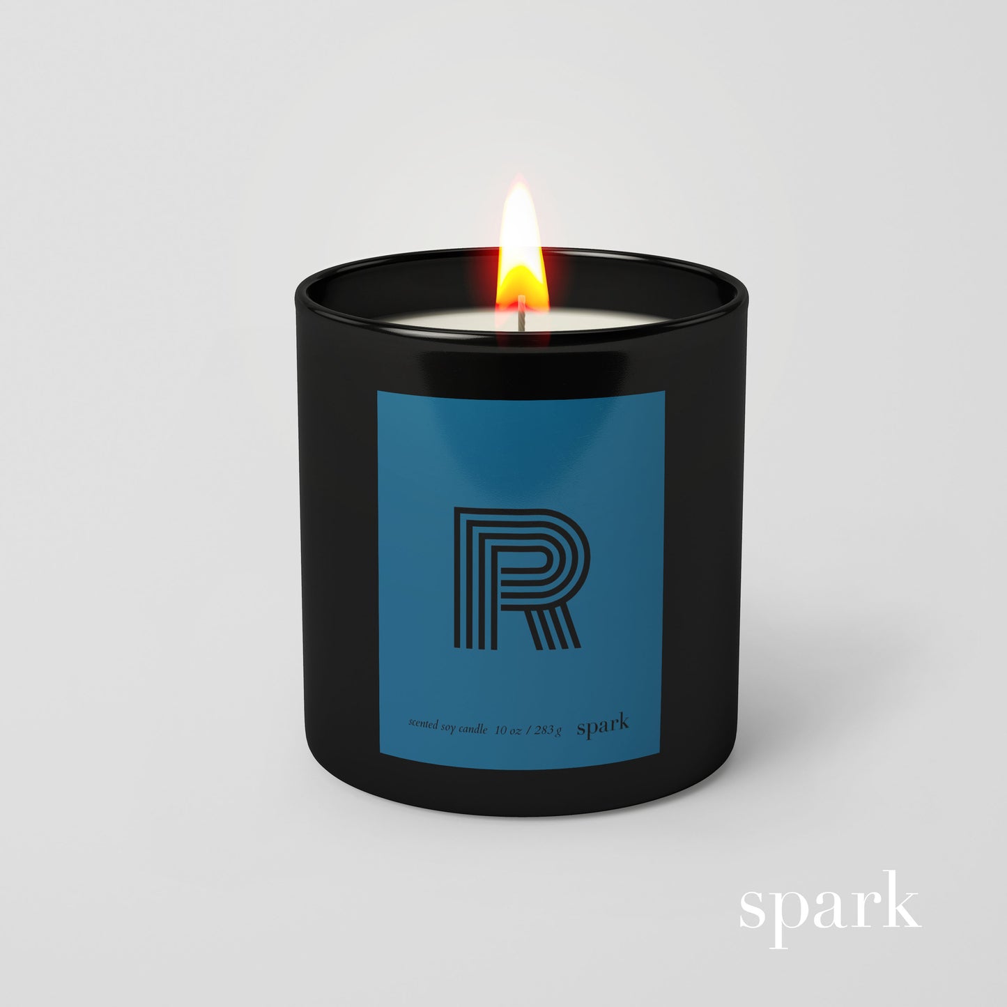 Personalized monogram candle in 10oz matte black glass with red striped letter initial custom label