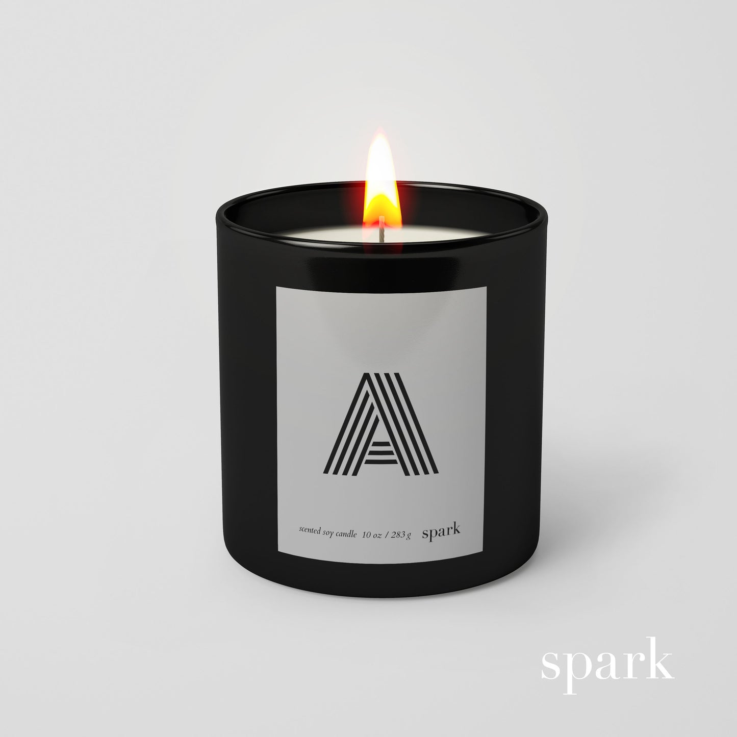 Personalized monogram candle in 10oz matte black glass with gray striped letter initial custom label
