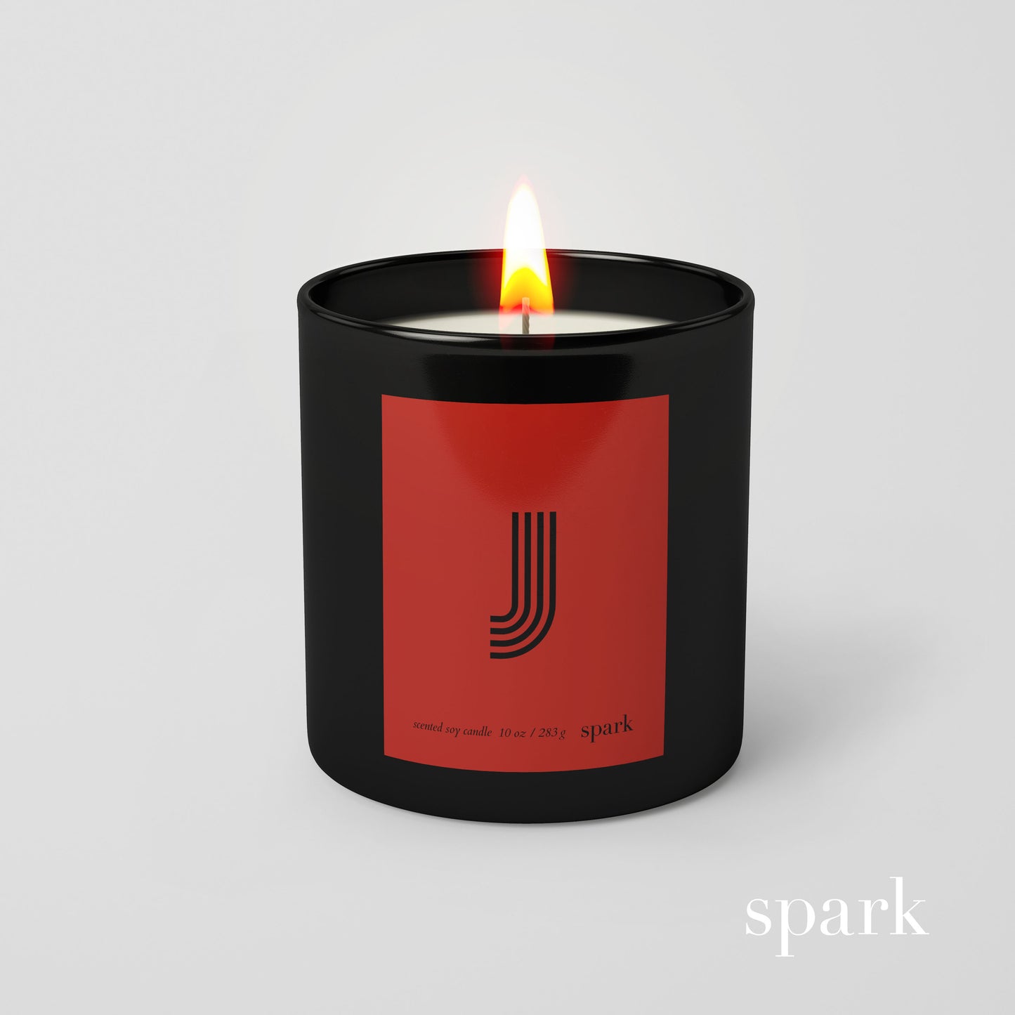 Personalized monogram candle in 10oz matte black glass with red striped letter initial custom label