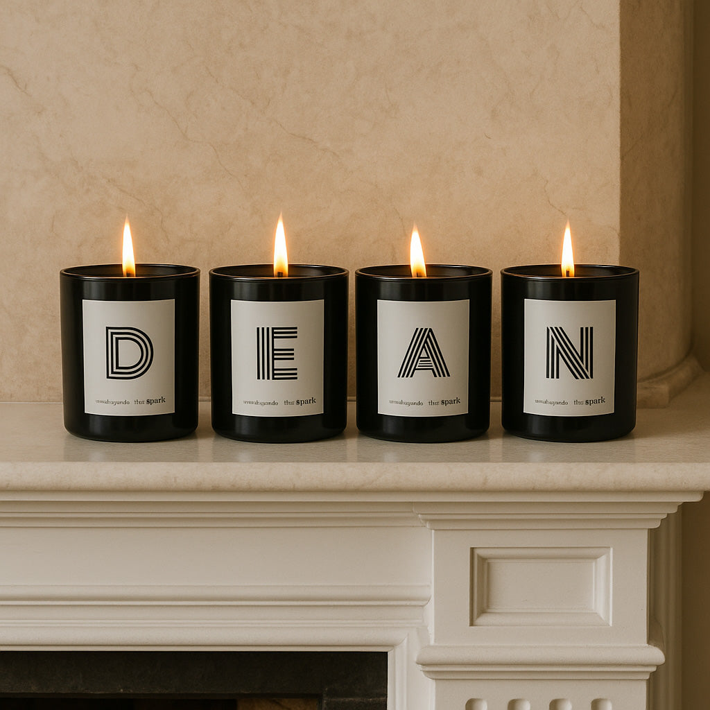 Four black custom monogram candles on a fireplace mantle spelling DEAN