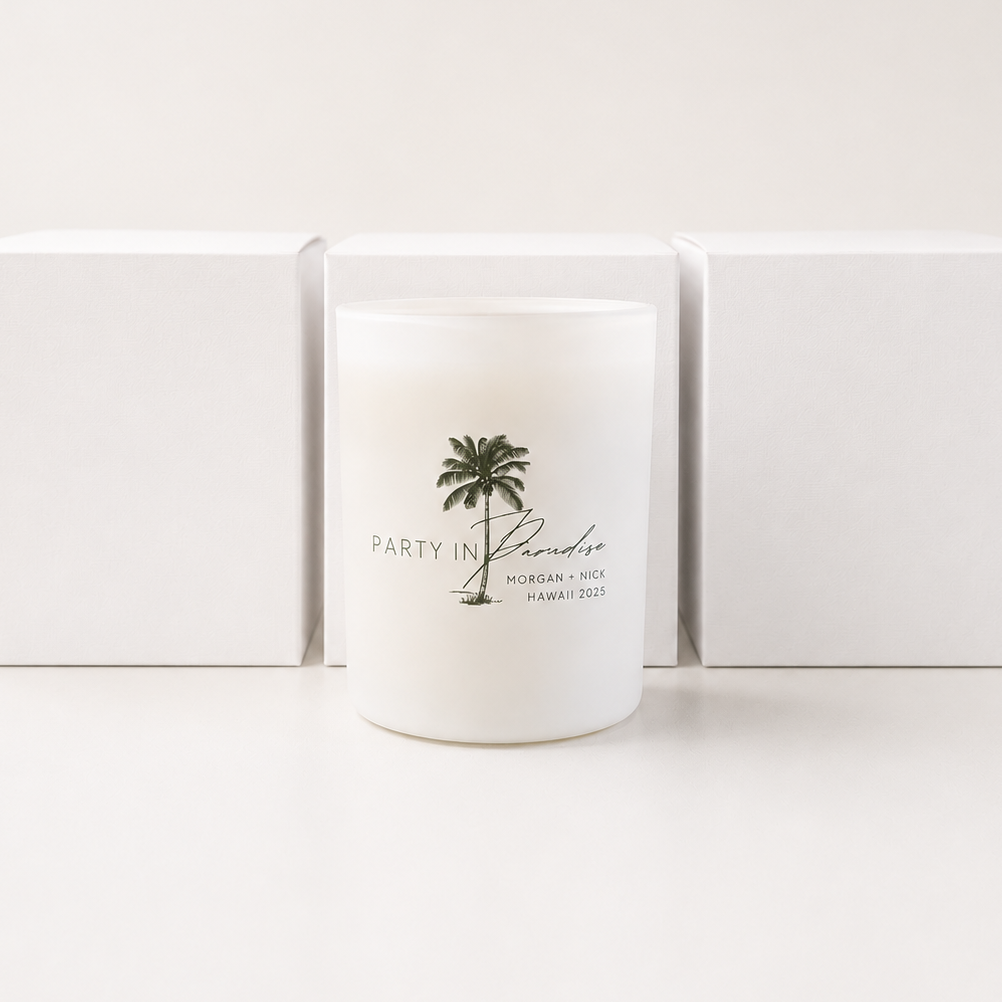 Custom Luxury Destination Wedding Candle Favors - Coastal Fragrance - Bride and Groom Names