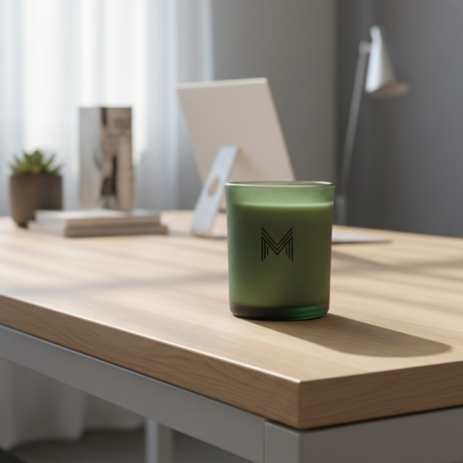 Branded 6oz frosted green glass candle designed for client gifts and corporate events