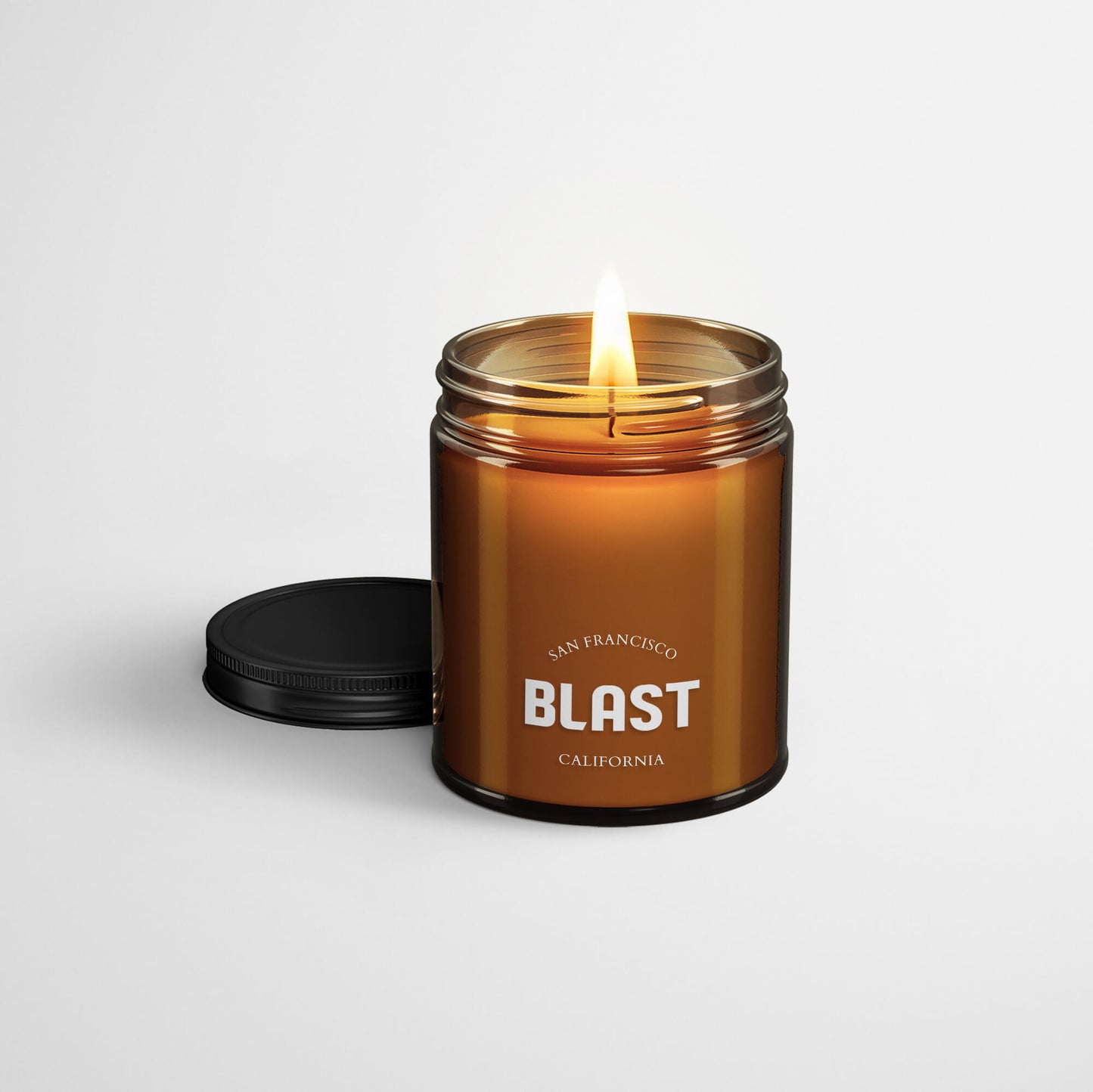 Custom branded 4oz amber glass candle produced by a candle manufacturer for client gifts and events.