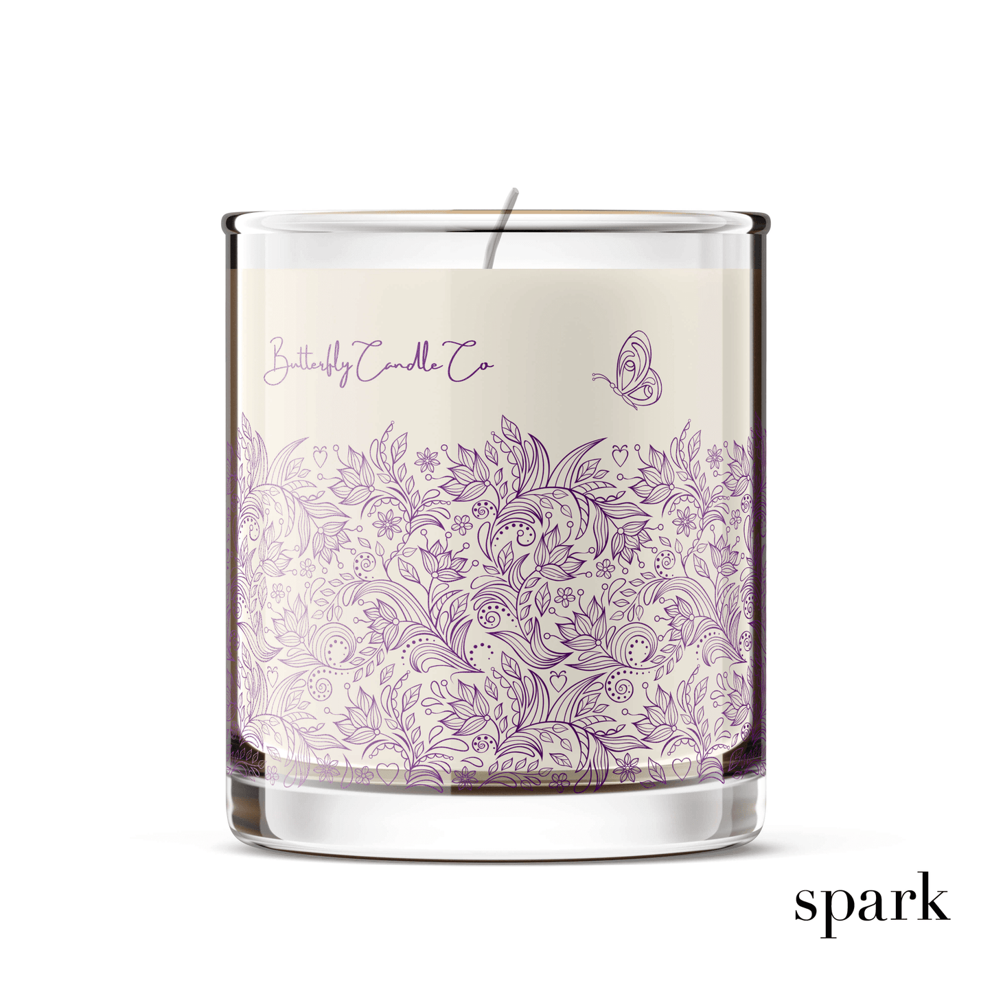 Close-up of single-color logo imprint on a 10oz clear glass candle.