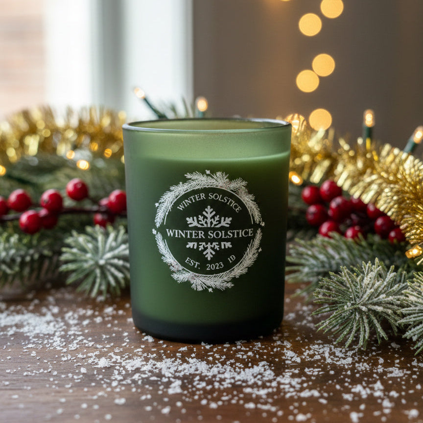 Front view of custom 6oz green glass with holiday themed logo imprint 