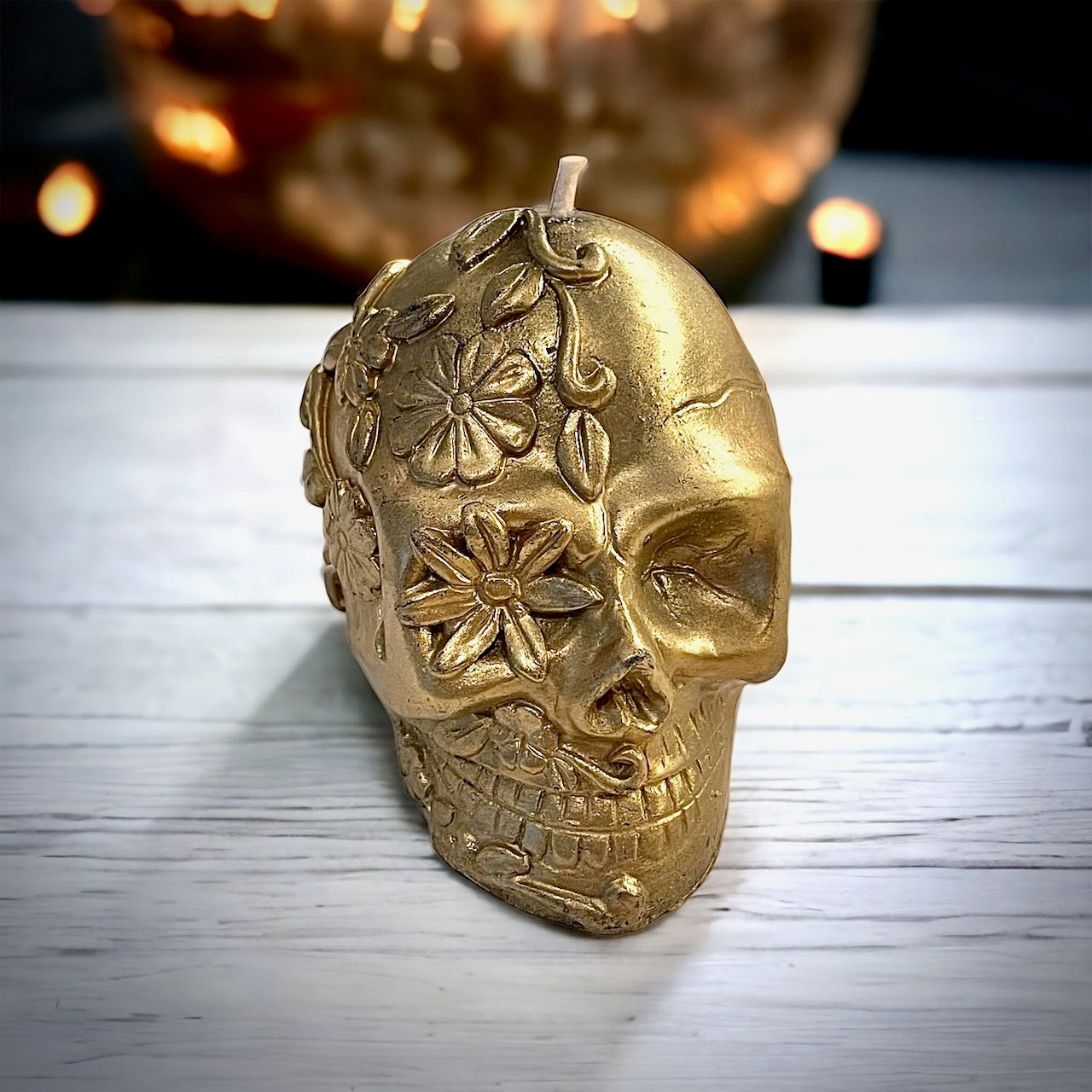 Golden Skull Pumpkin Spice Scented Candle with Black Wax
