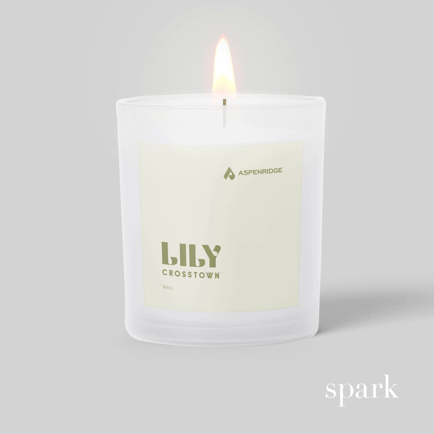 Close-up of full-color custom label on a 10oz frosted clear glass candle.