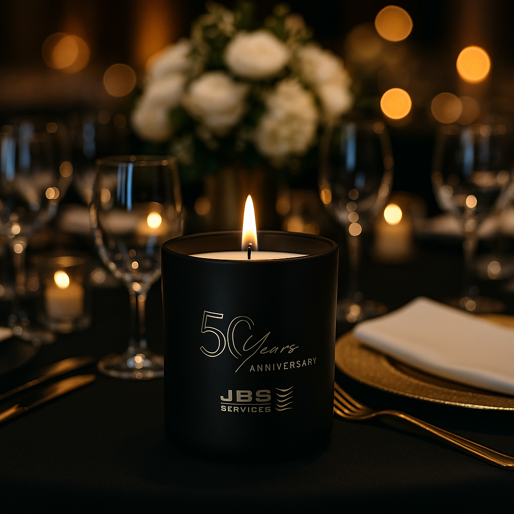 Close-up of single-color logo imprint on a 10oz matte black glass candle.