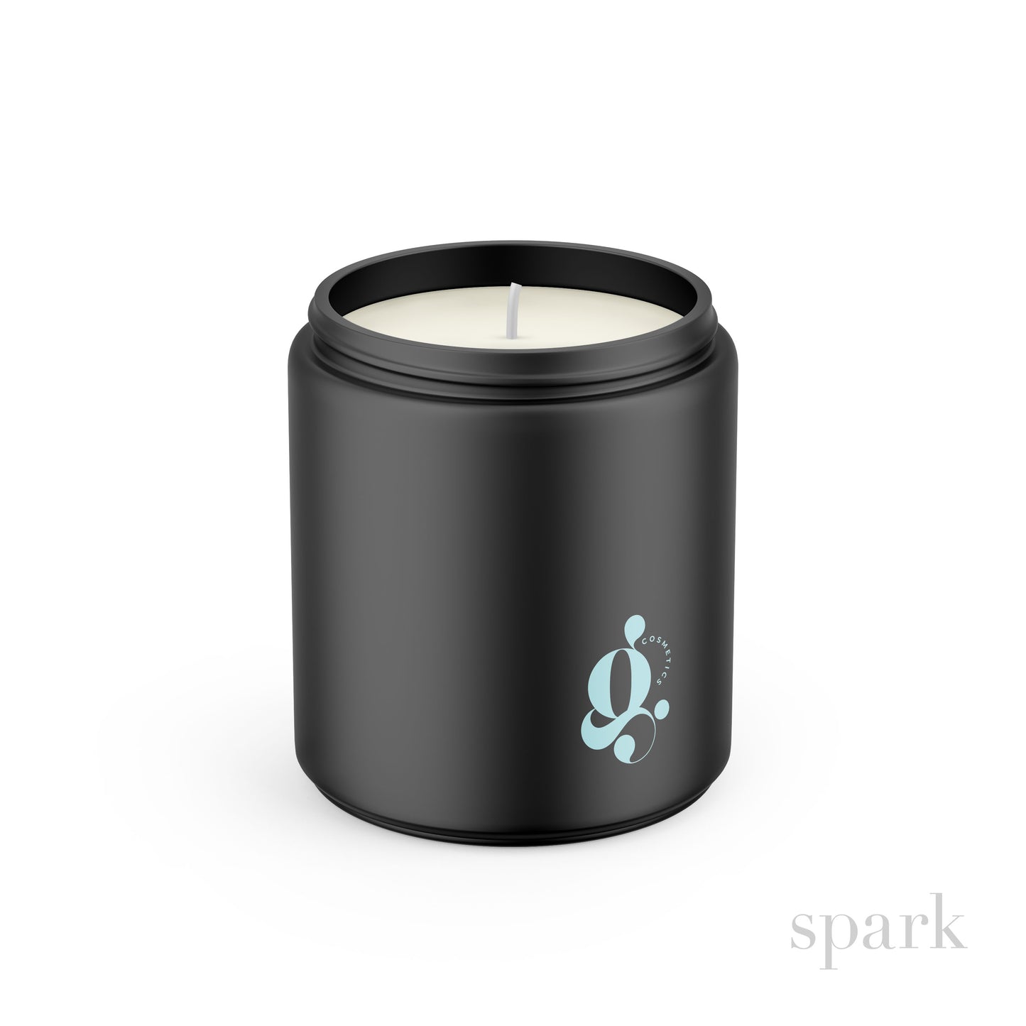 A matte black glass jar branded candle with a custom logo imprint on the front.
