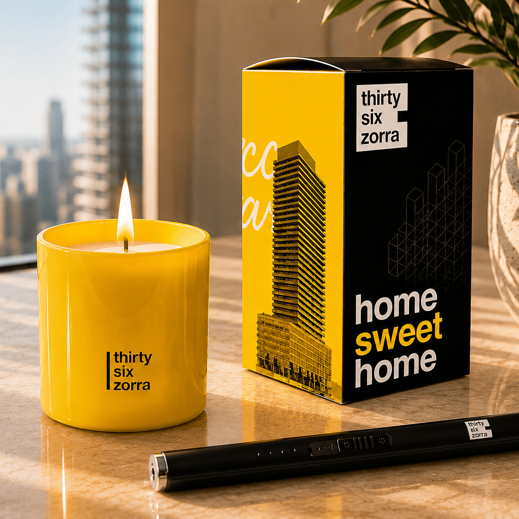 10oz custom color glass with condo building style box perfect for developers and real estate gifts