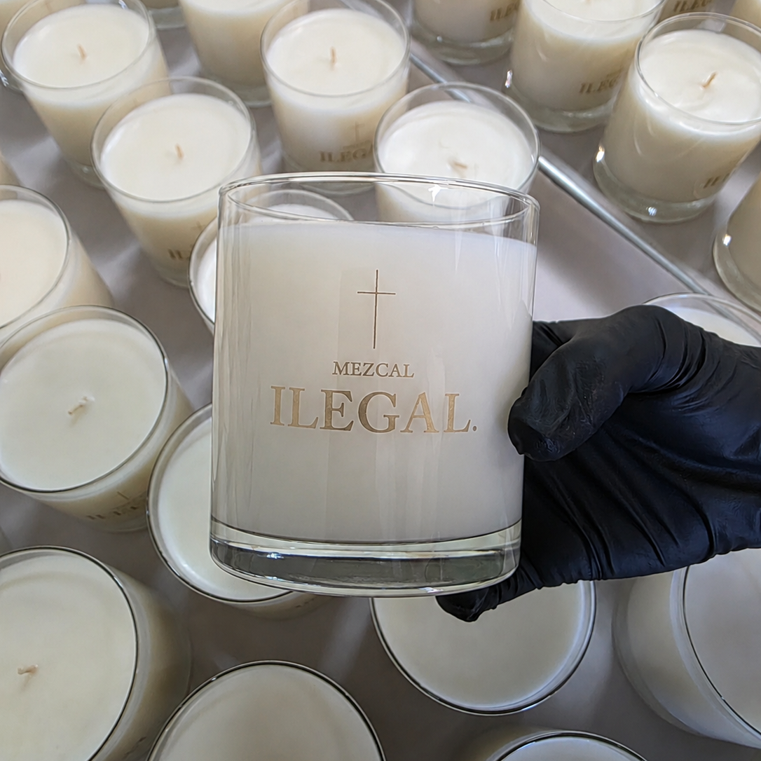 Custom Clear Glass Candle Gold Logo Retail Merchandise Wine Liquor Spirits Branded Merch