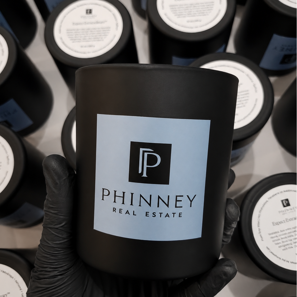 Custom Real Estate Client Party Gift - Branded 10oz Matte Black Glass Candles Custom Label