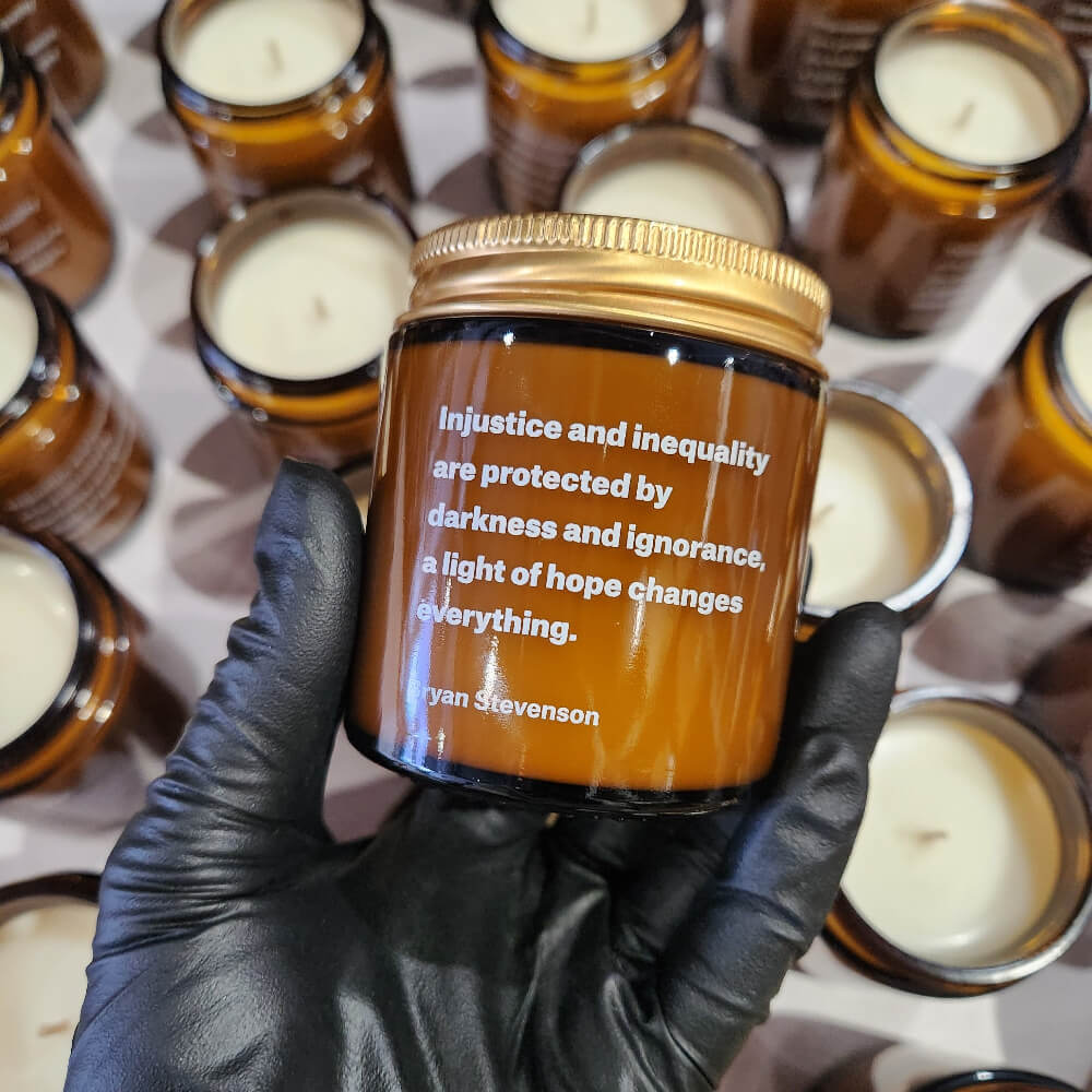 Custom History Museum Retail Merchandise Custom 4oz Amber Glass Jar Candle White Quote Imprint