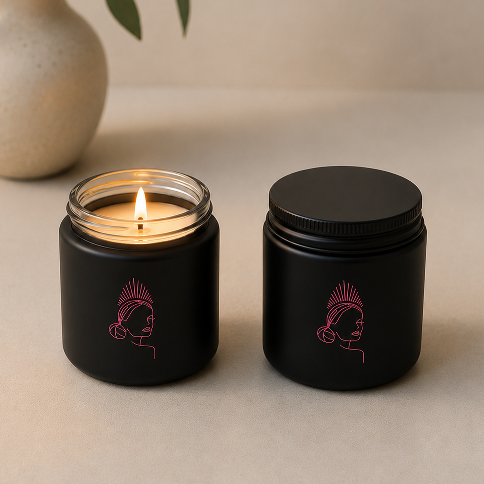 Custom Marketing Media Agency Branded Gifts 4oz Black Glass Jar Candle Hot Pink Logo