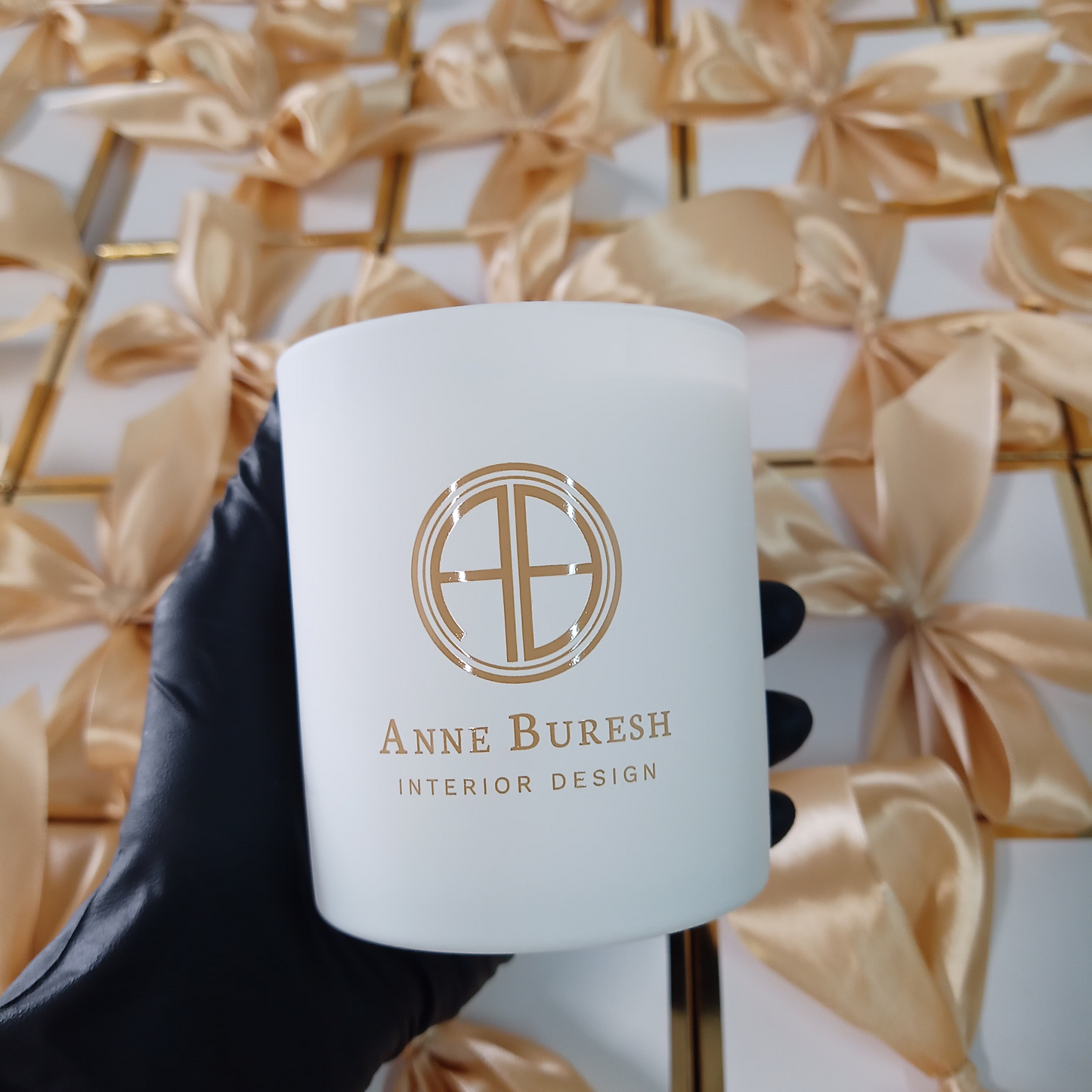 Custom Interior Designer Firm Client Gift Candle Gold Logo Imprint Luxury Gift Box Gold Ribbon