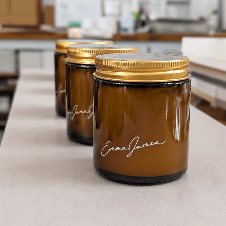 Custom Amber Glass Jar Candles Signature Branding White Imprint on Glass
