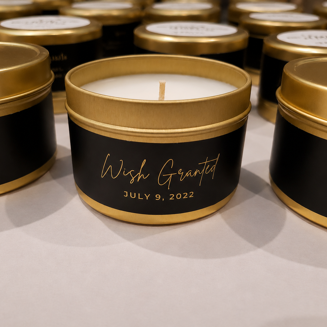 Custom Candle Wedding Favors 4oz Gold Tin Candle Black Wrap Label Wedding Date