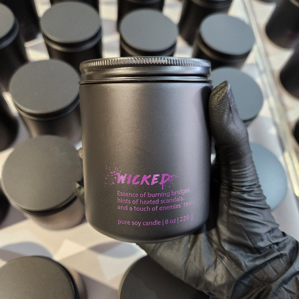 Custom 8oz Black Glass Jar Candle Purple Imprint - Custom TV Show Network Merch