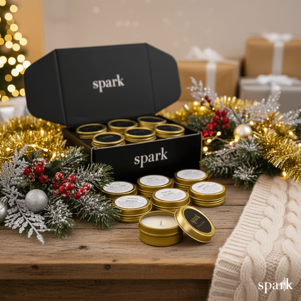 Holiday Scent Samples in Spark Candles Mailer Box on table with Holiday Decor 