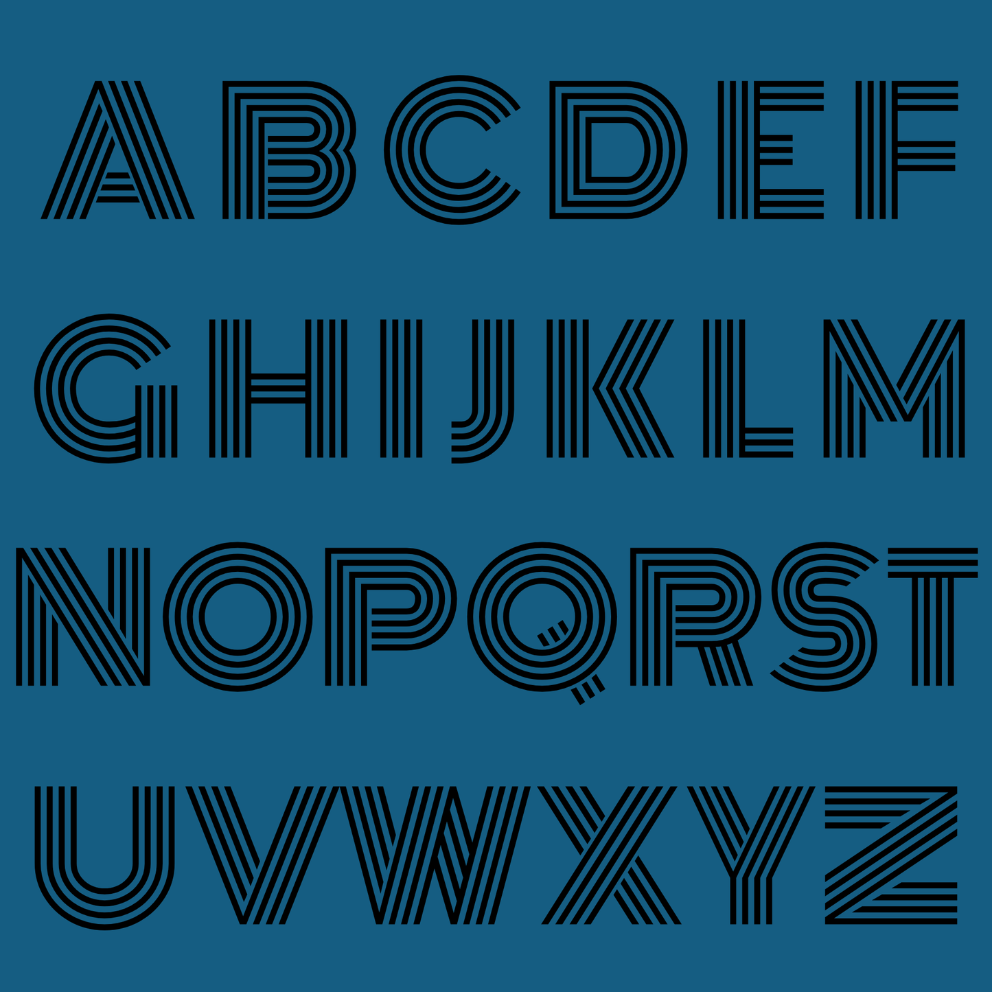 Black alphabet letters on a blue background