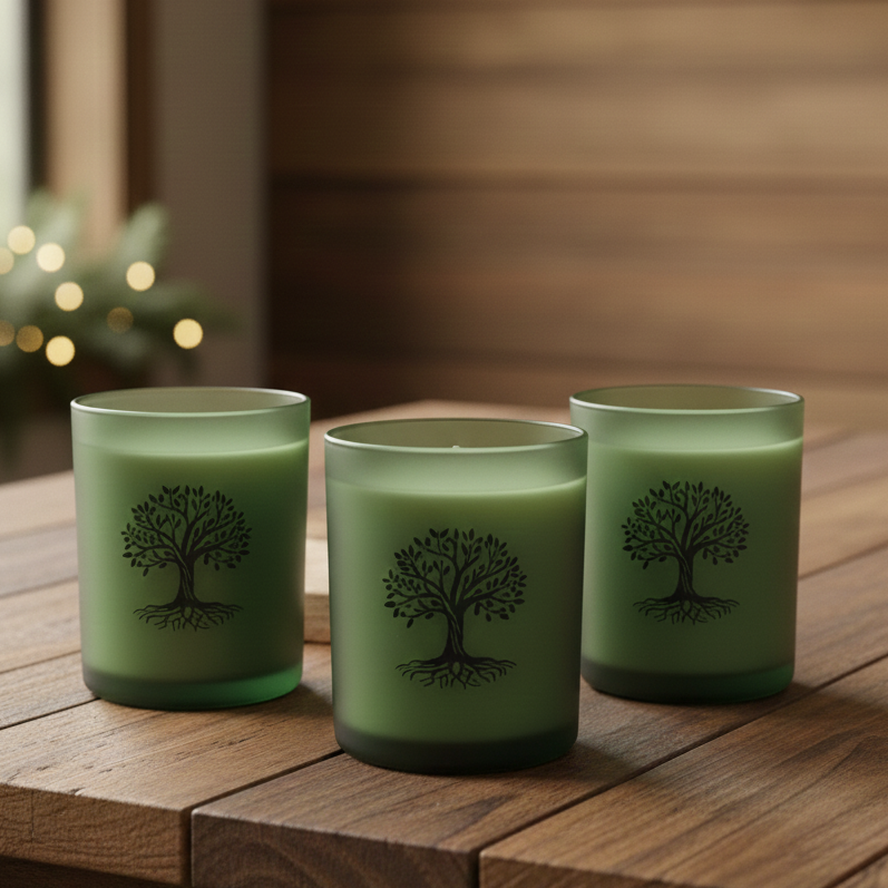 Three identical green glass custom candles with custom logo imprint of an oak tree with roots
