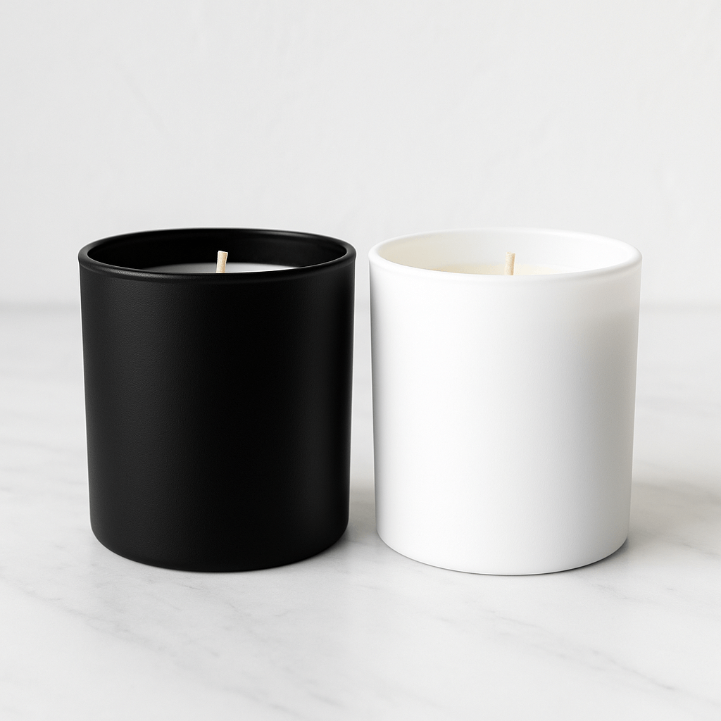 Unbranded blank 10oz black and white candles side by side add your own label