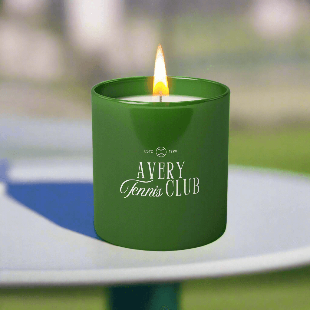 custom branded green glass candle with logo imprint