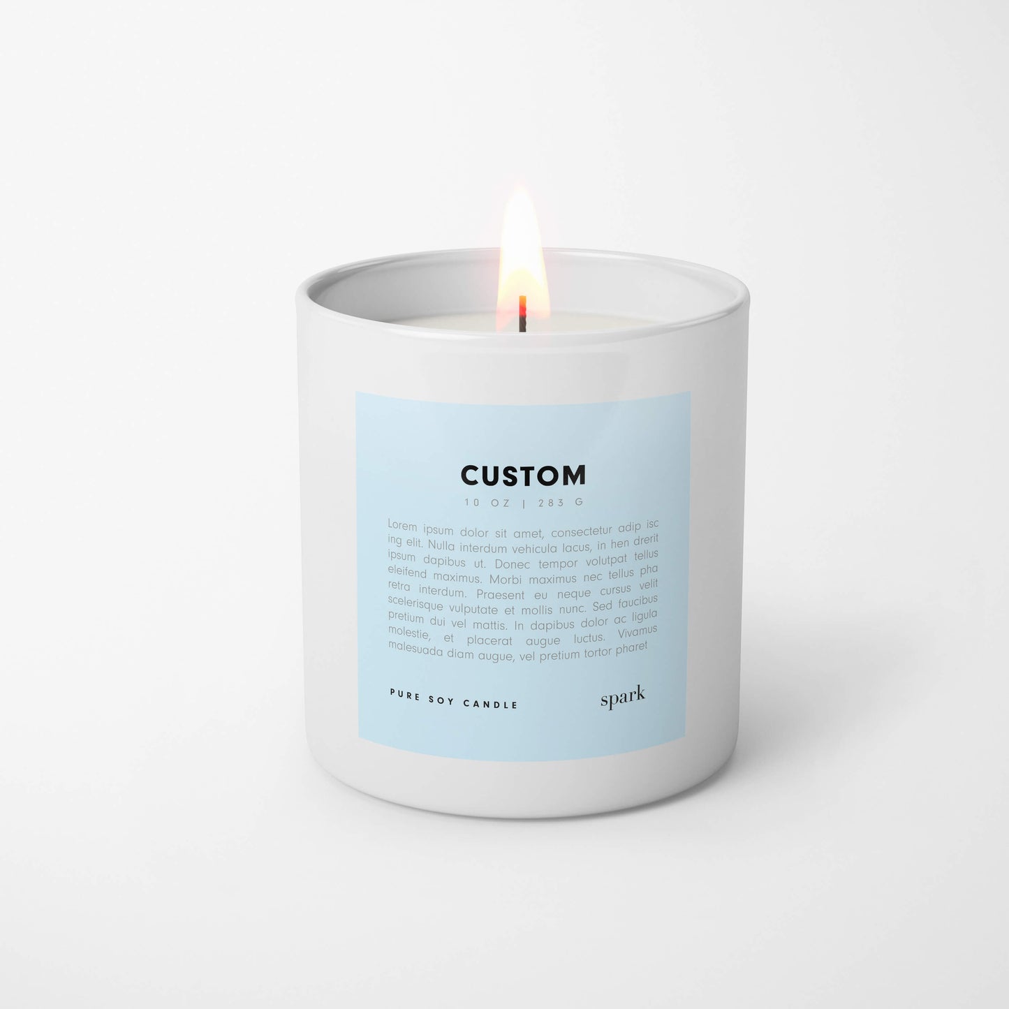 Custom 10oz matte white glass candle with full-color label manufactured for corporate gifting and branded merchandise.
