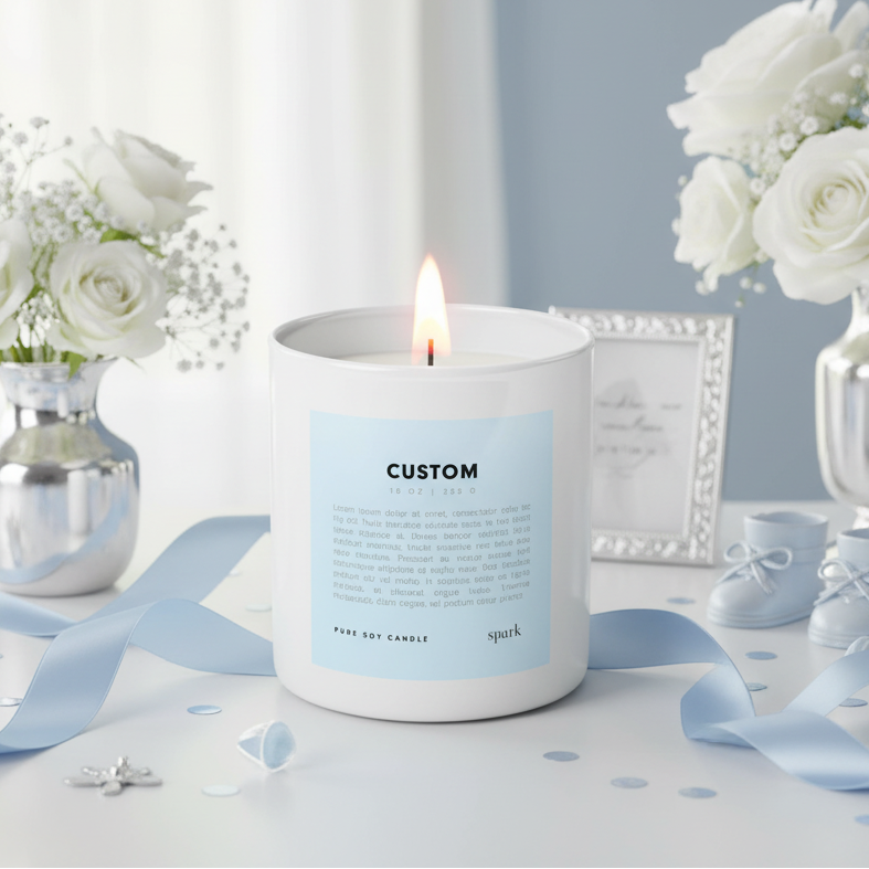 Luxury Baby Shower Party Favors - Baby Boy - Custom 10oz Matte White Glass Candle Baby Blue Label