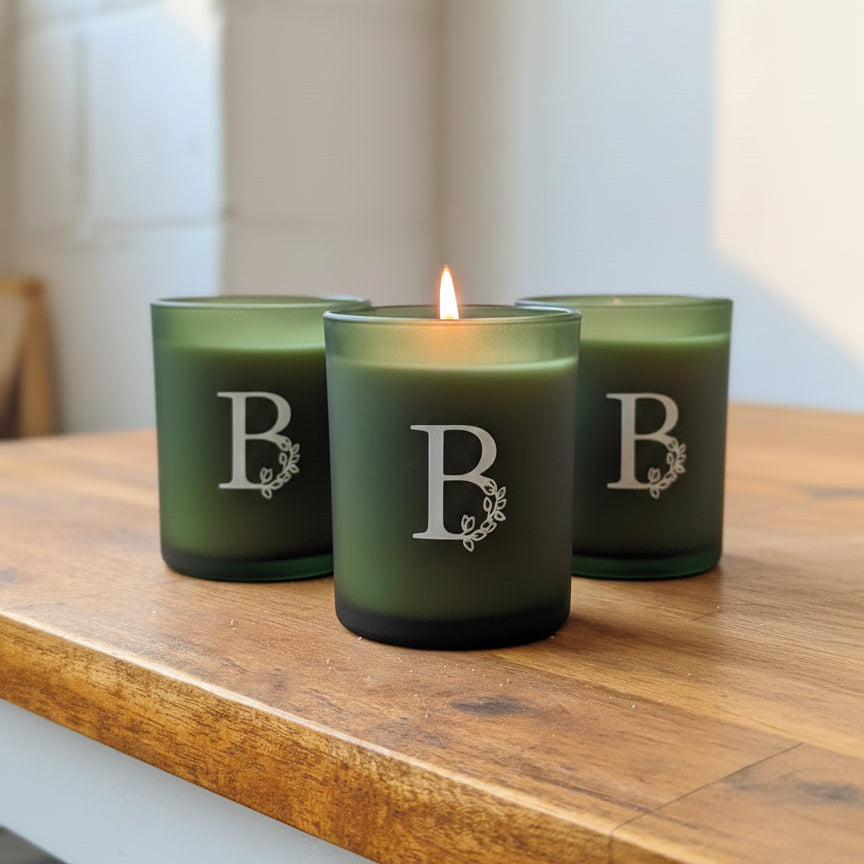 Custom 6oz frosted green glass candle with single-colour logo imprint and luxury gift box