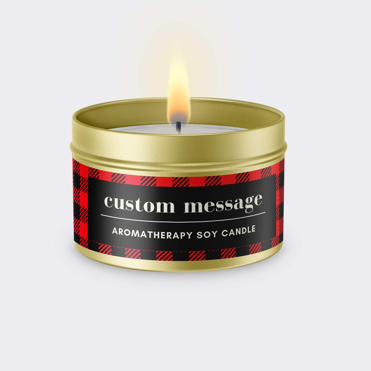 Front view of 4oz custom gold tin candle with full-color label.