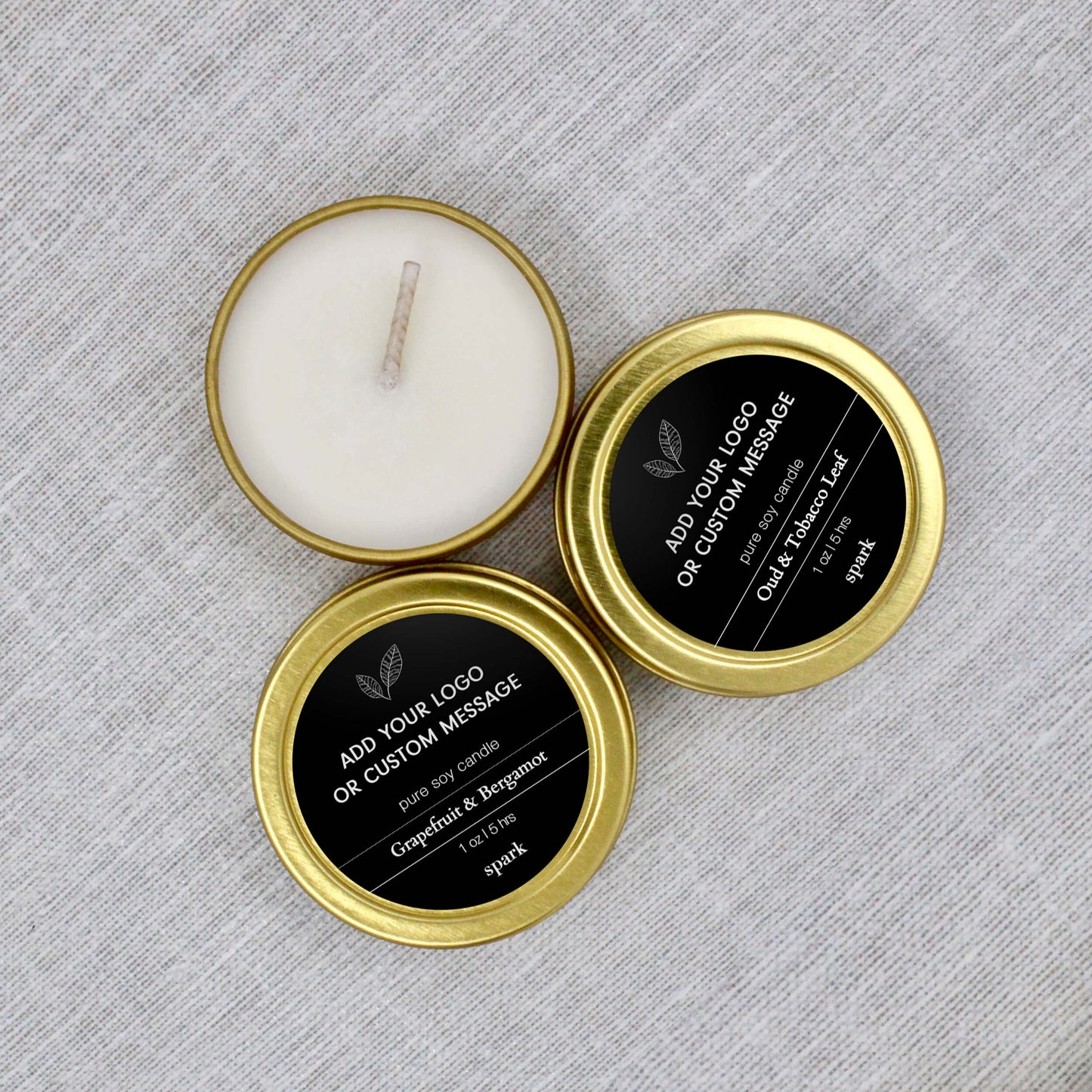 Load image into Gallery viewer, Pack of 10 - Custom 1oz Gold Tin Soy Candles - Spark Candles
