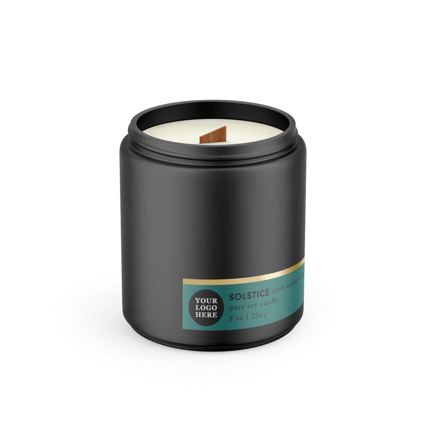 Custom 8oz matte black glass jar candle with full-color label manufactured for corporate gifting and branded merchandise.