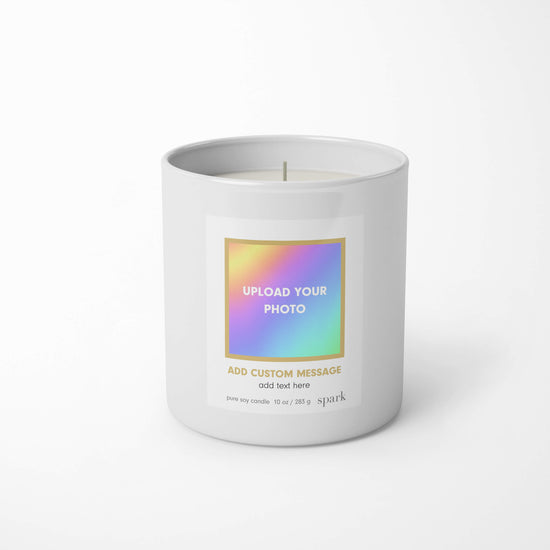 Custom Photo 10oz Aromatherapy Soy Candle in Classic White Glass - Label Design No. 72 - Spark Candles
