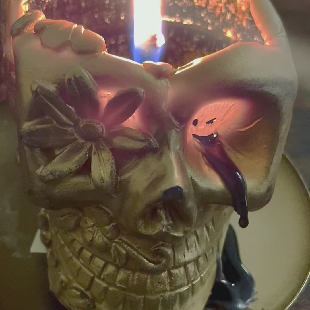Golden Skull Pumpkin Spice Scented Candle with Black Wax